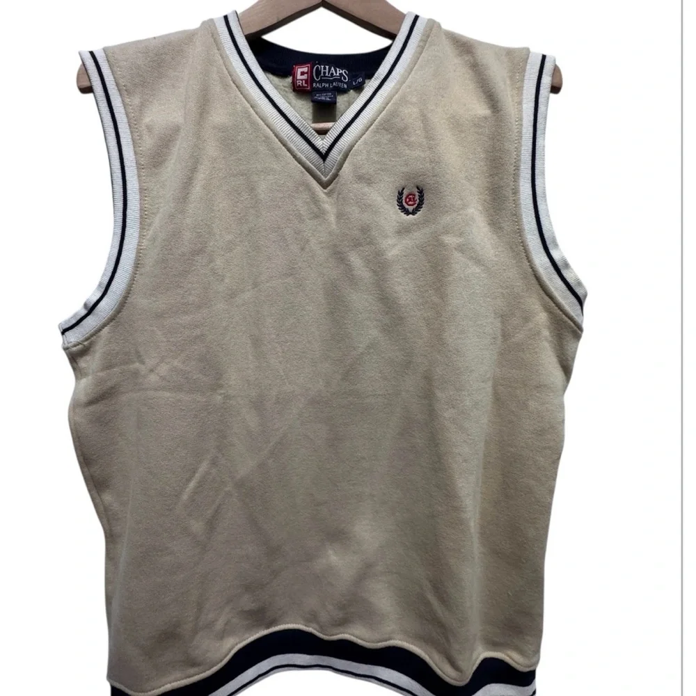 Chaps by ralph Lauren beige Sweater Vest with Navy Accents fleece lined large